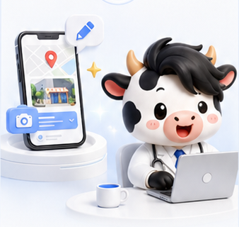 店舗マップを見ながらノートパソコンで投稿を作成する牛くんずAI